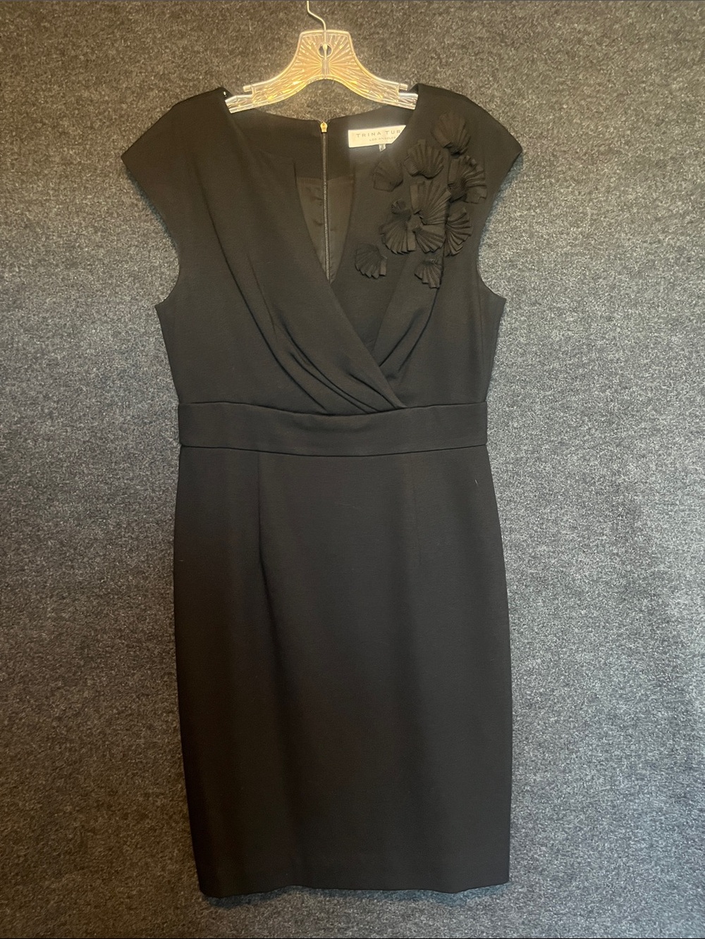 Trina Turk Black Midi Sheath Dress with Floral Appliqué